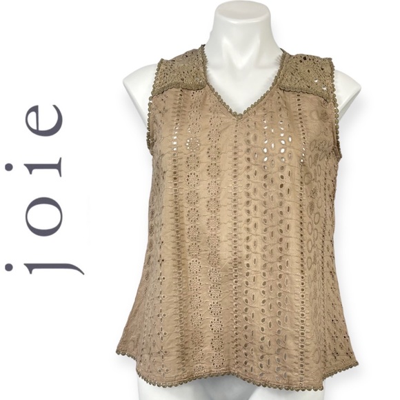 JOIE Tan Eyelet Crochet Sleeveless Blouse NWT S V-Neck Cotton Tank Top $98 - Picture 2 of 14